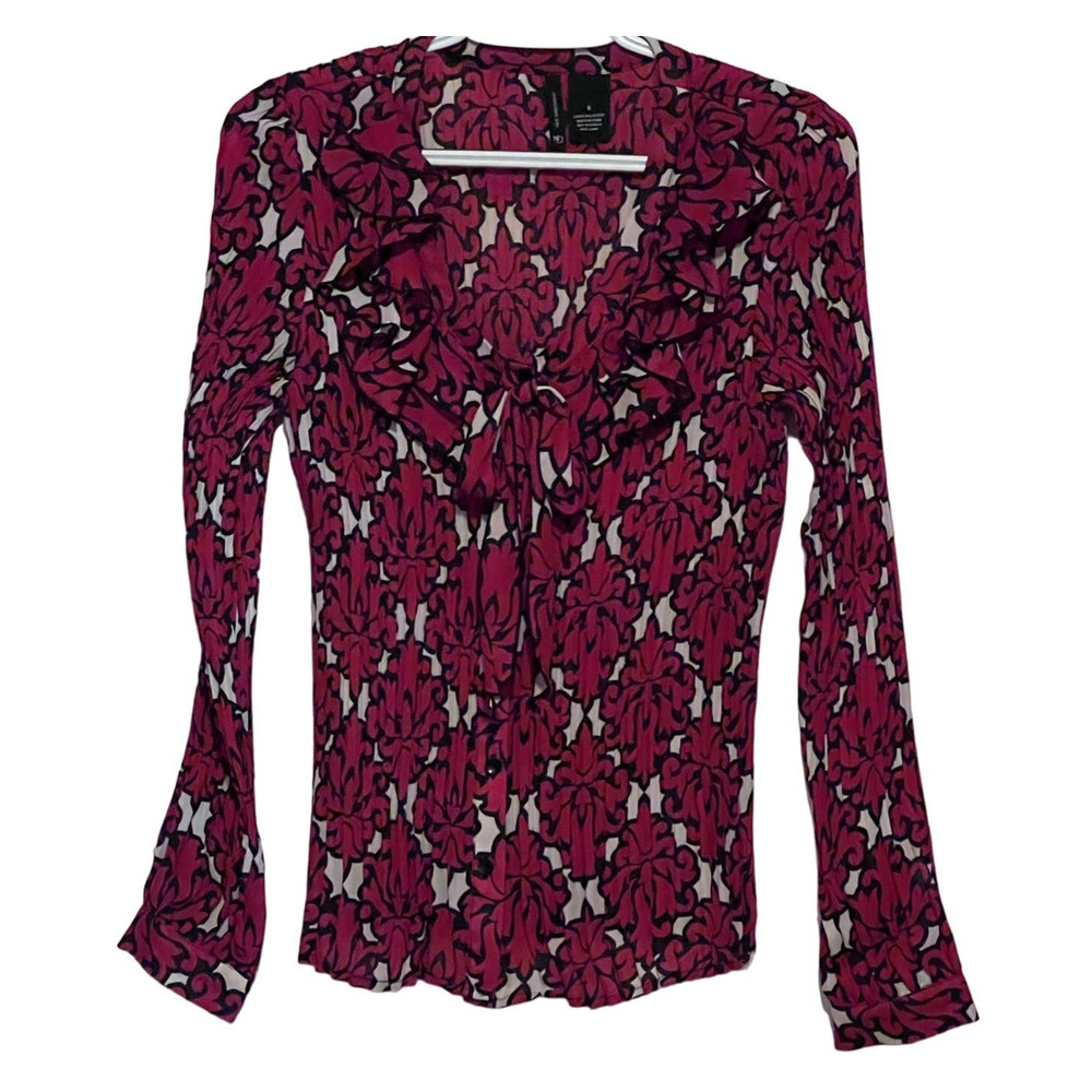 New Directions Women's Red Black White Crinkle Ruffle Neck Floral Blouse Size S